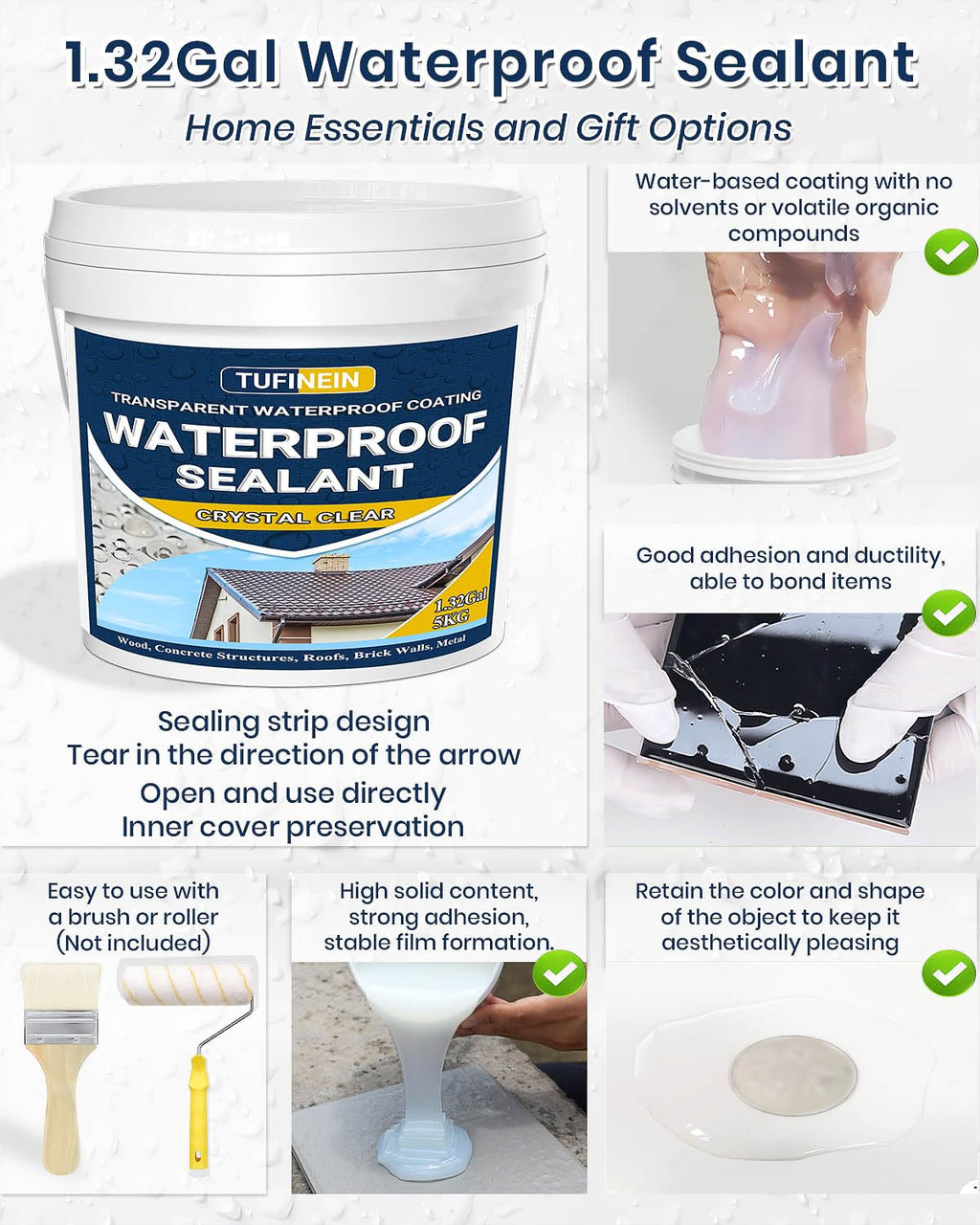 Transparent Waterproof Coating, TUFINEIN 1.32 Gallon Invisible Waterproof Agent Indoor & Outdoor Sealant Water-Based Clear Sealant Roofs, Walls, Garden, Terraces
