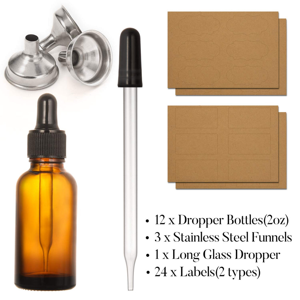 AOZITA 12 Pack, 2 oz Glass Dropper Bottle with 3 Stainless Steel Funnels & 1 Long Glass Dropper - 60ml Amber Tincture Bottles with Eye Droppers for Essential Oils, Liquids - Leakproof Travel Bottle