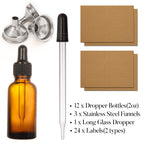 AOZITA 12 Pack, 2 oz Glass Dropper Bottle with 3 Stainless Steel Funnels & 1 Long Glass Dropper - 60ml Amber Tincture Bottles with Eye Droppers for Essential Oils, Liquids - Leakproof Travel Bottle