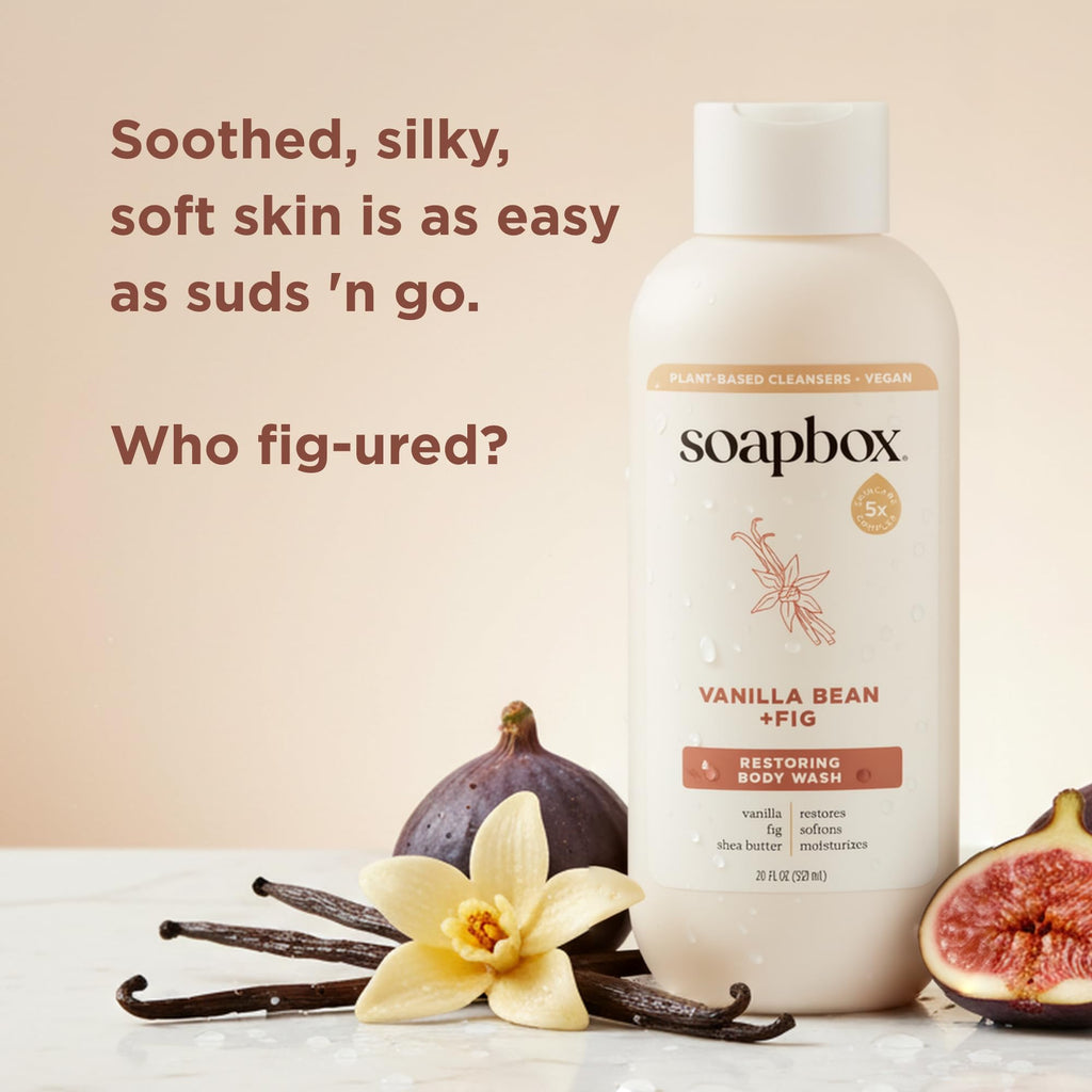 Soapbox Body Wash, Vanilla Bean & Fig Liquid Body Wash, Moisturizing Soap with Shea Butter, Vegan Duo Pack of 2 Soap Bottles, 20oz Each