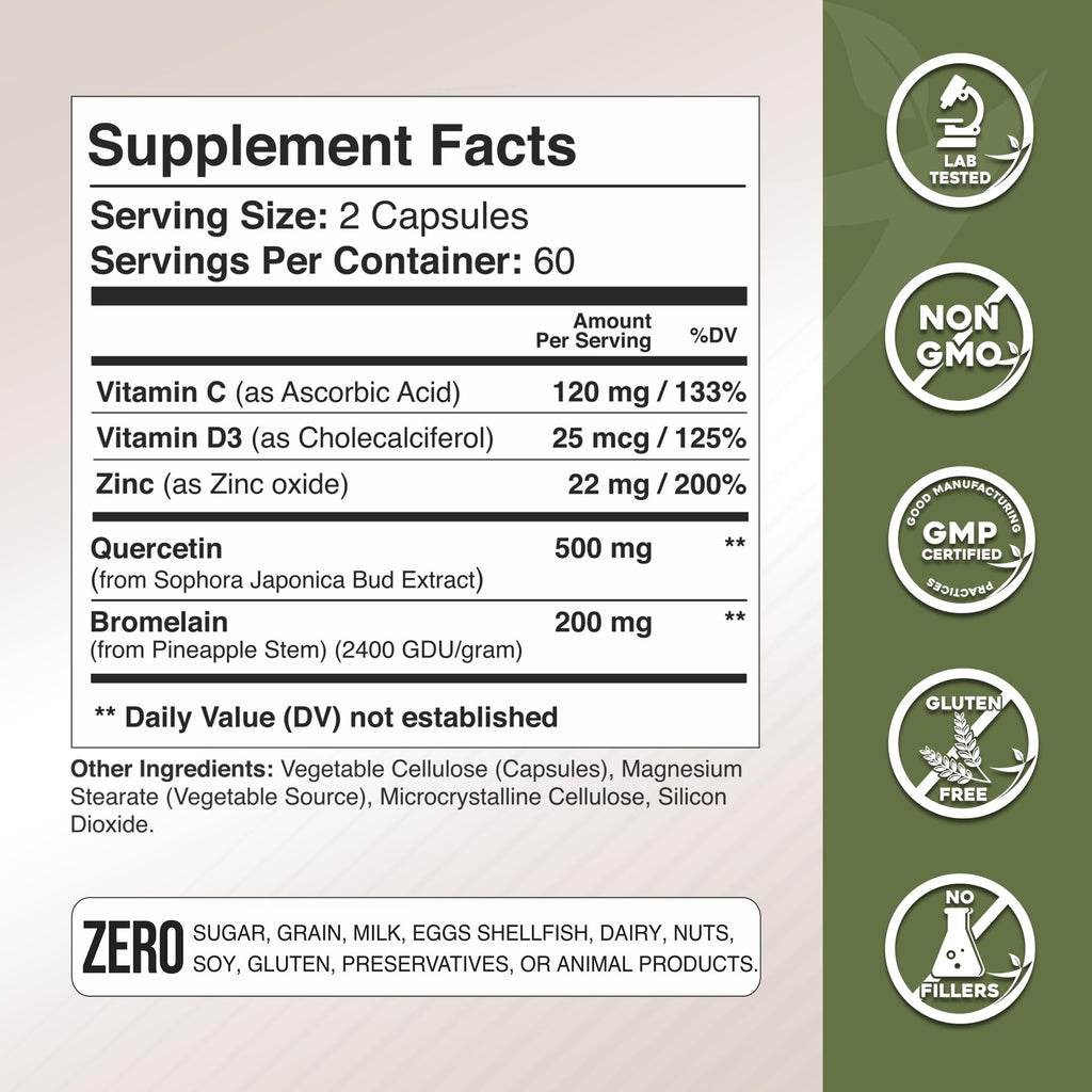 Gade Nutrition Quercetin with Vitamin C and Zinc - Quercetin 500mg - Quercetin with Bromelain - Zinc Quercetin - Quercetin Supplements + Vitamin D3 (Non-GMO, Gluten-Free, Vegan) - 6 Month Supply