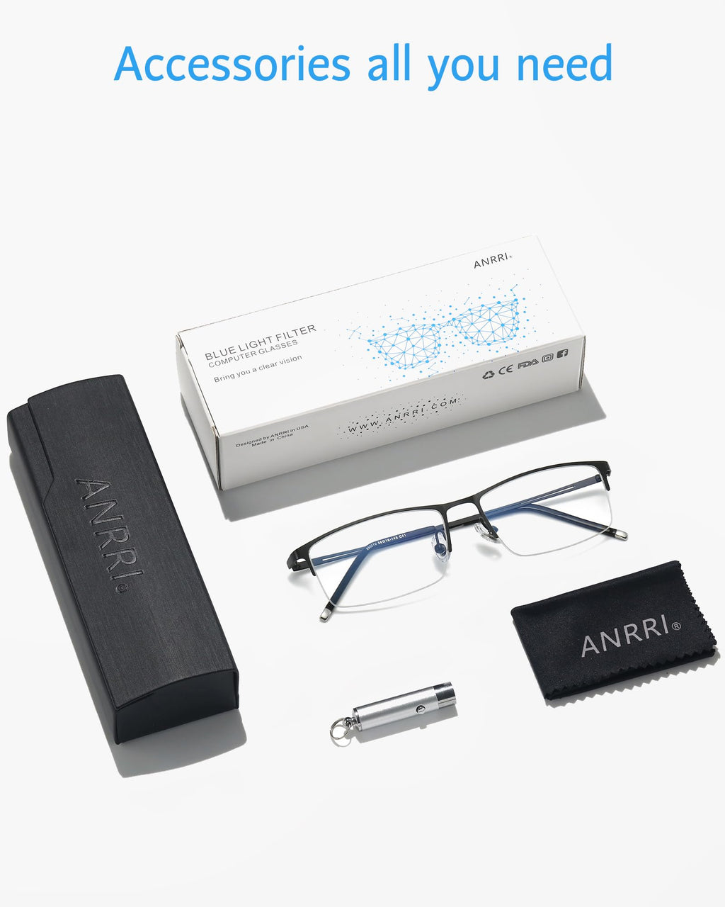 ANRRI Blue Light Glasses Mens Rectangle Semi Rimless Glasses Computer Gaming glasses for men Lightweight Titanium Black Eyewear