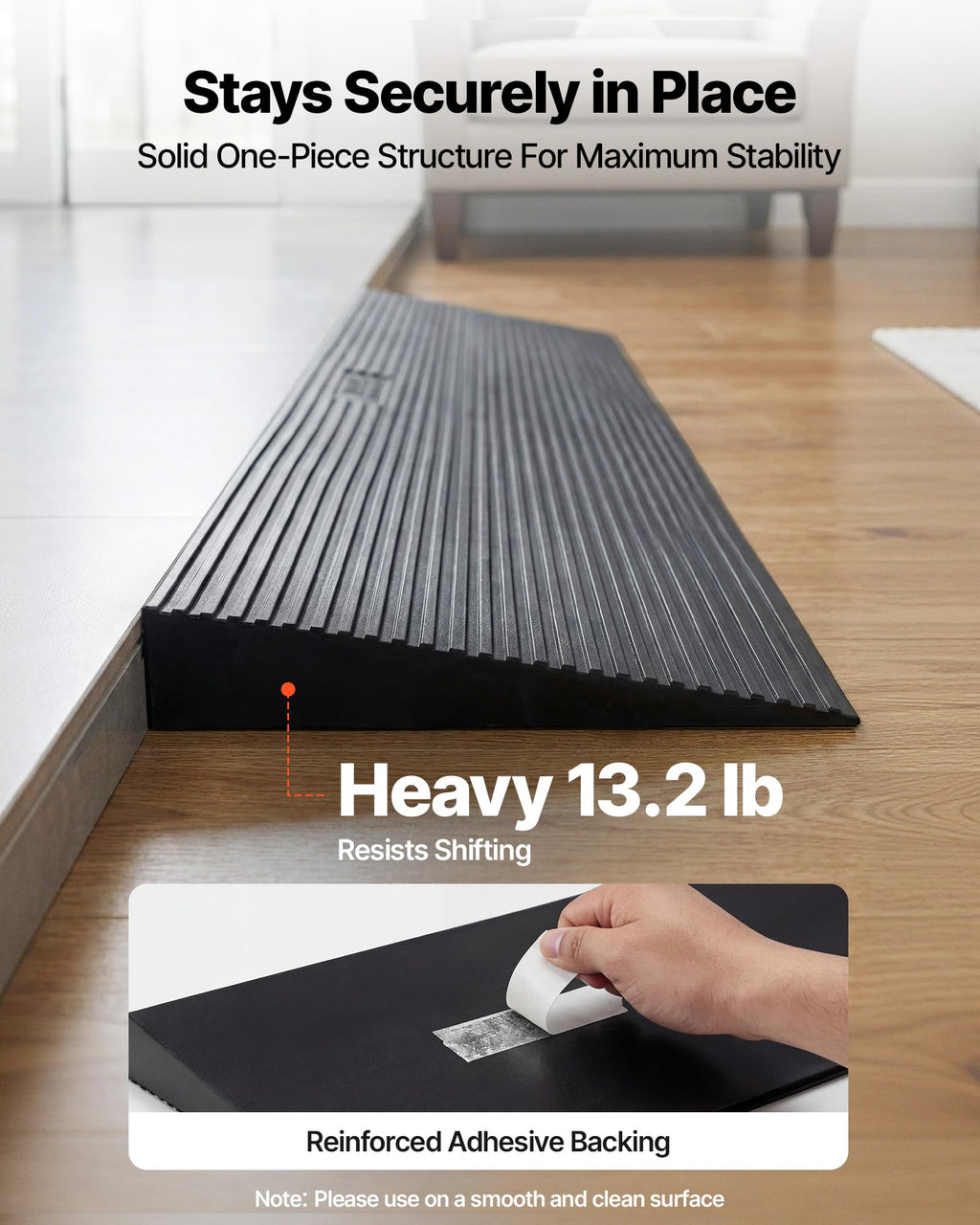 VEVOR 1.6" Rise Cuttable Threshold Ramp for Doorways, 35.4" Wide Natural Rubber Wheelchair Ramp, Non-Slip Solid Rubber Ramp with Double-Sided Tape for Doorways,Driveways,Bathroom,Smooth Tile