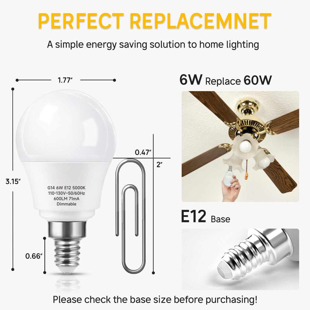 Prosperbiz E12 Ceiling Fan Light Bulbs Dimmable, 60W Equivalent LED Bulb, Daylight White 5000K, E12 Small Base Candelabra A15 LED Round Light Bulb, 600 Lumen, Pack of 12