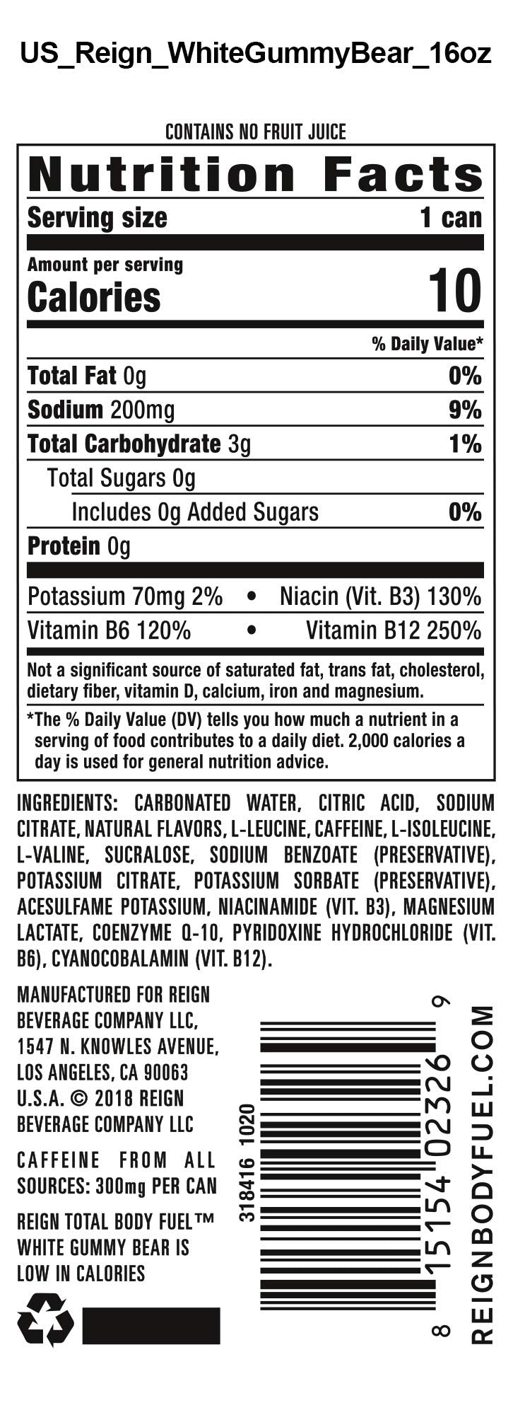 Reign Total Body Fuel, White Gummy Bear, Fitness & Performance Drink, 16 Fl Oz (Pack of 12)