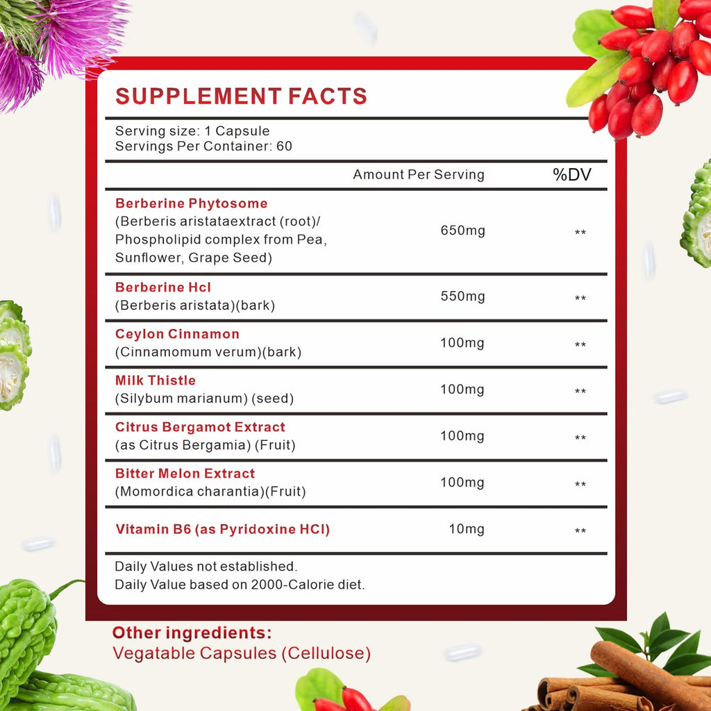 Spliferkou 7-in-1 Berberine Phytosome with Ceylon Cinnamon, Berberine Complex Supports Metabolic, Liver Function & Immune System, Non-GMO,Gluten-Free - 60 Capsules