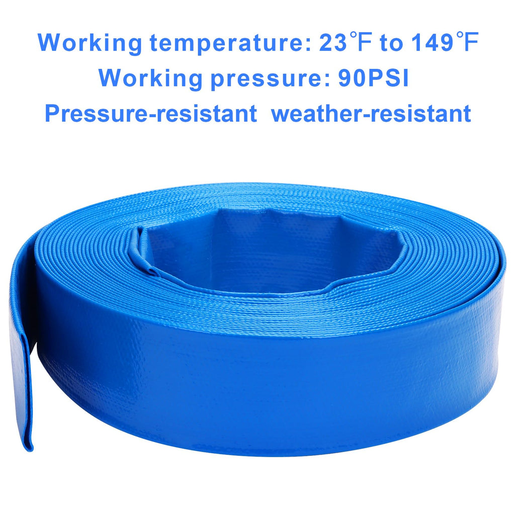 DERPIPE Lay-Flat Pool Backwash Hose - 1.5" x 50Ft Reinforced Heavy Duty PVC Discharge Hose Weather-Proof Vinyl Pool Drain Hose for Water Transfer with 2 clamps