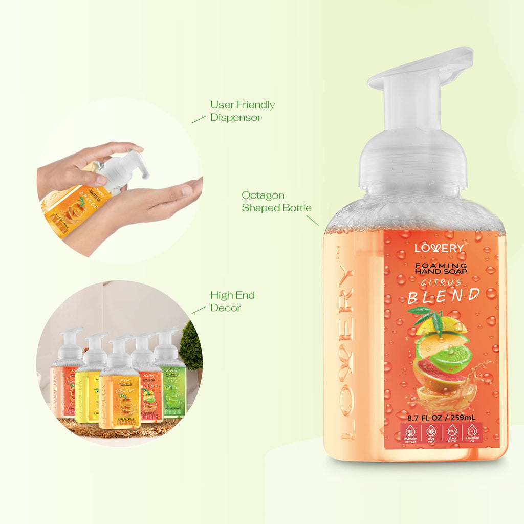 Foaming Hand Soap Pump - 5-PK - Moisturizing Hand Soap Foam with Aloe Vera & Essential Oils - Alcohol-Free Hand Wash in Citrus Blend, Lemon, Orange, Lime, Grapefruit Fragrances for Kitchen & Bathroom