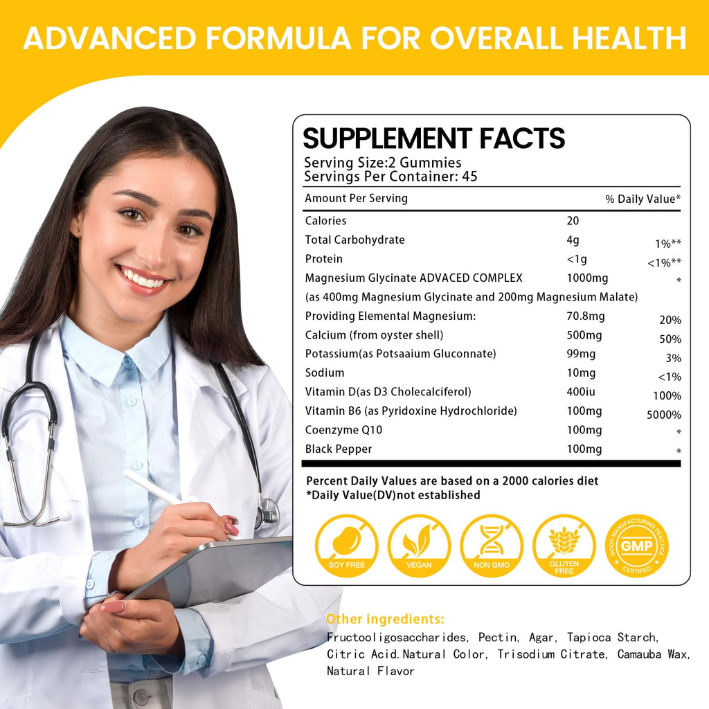 Magnesium Glycinate Gummies 1000mg, High Absorption Sugar Free Magnesium Potassium Supplement for Relaxation, Stress Relief, and Sleep Support for Adults & Kids - 90 Mango Pineapple Gummies