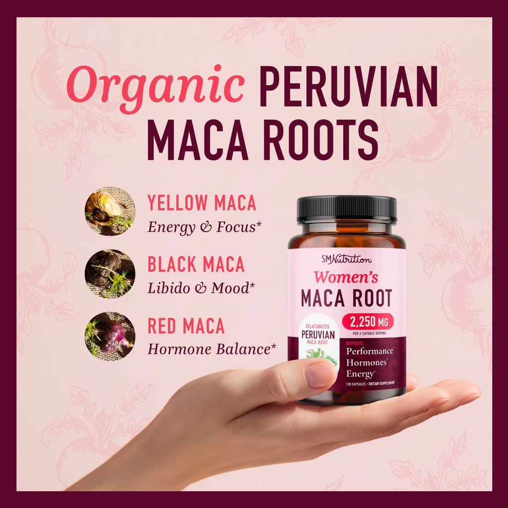 Organic Maca Root Capsules for Women | Peruvian Maca 2250MG Extra Strength | Red, Black & Yellow Root Powder with Black Pepper | Herbal Supplement to Support Energy & Hormone Balance | 120 Ct