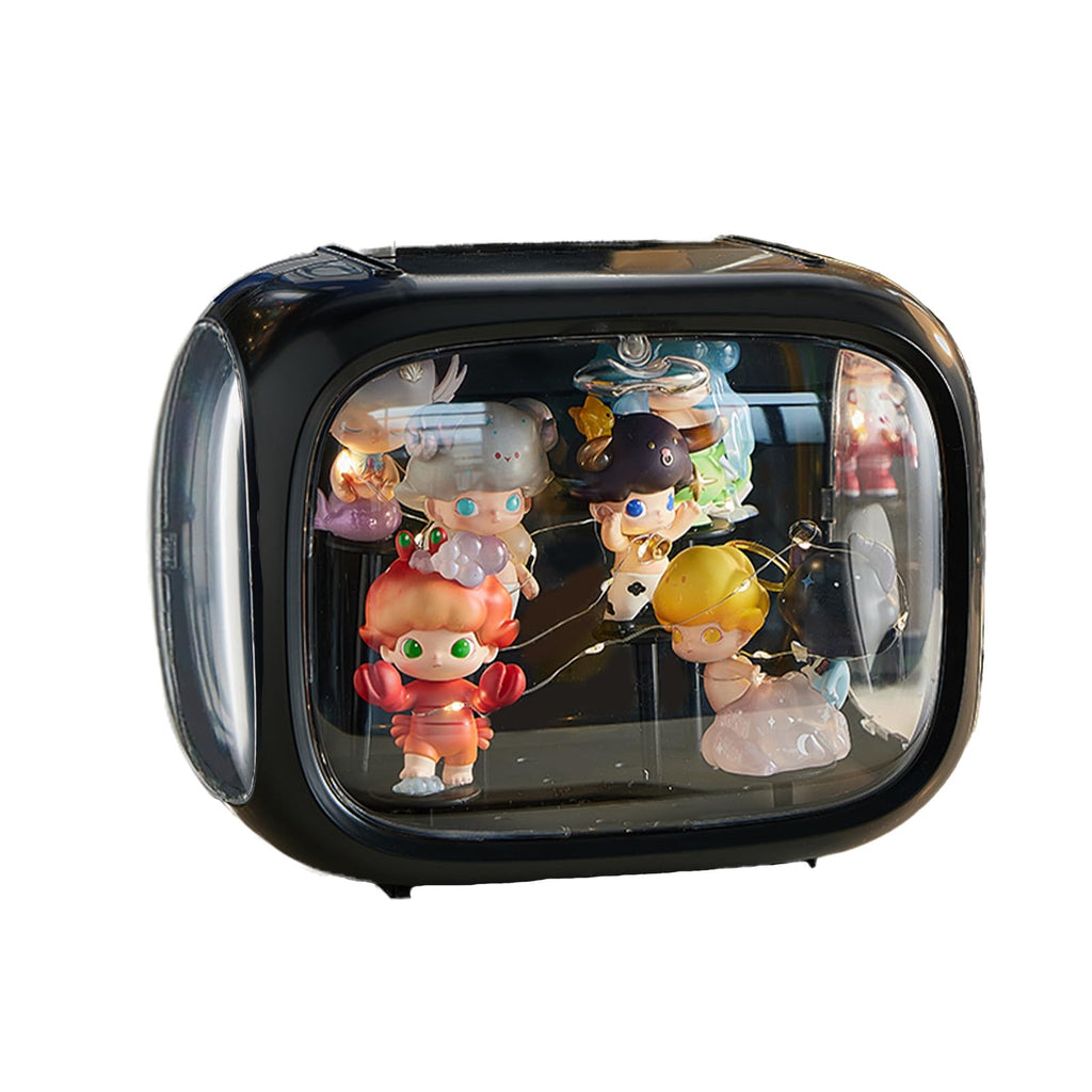 Display case for Figures with Light Adjustable Display Stand Clear Acrylic Display Box with Door Dust and Moisture Proof Suitable for Lego Collectibles Action Figures Pop Mart (Black)