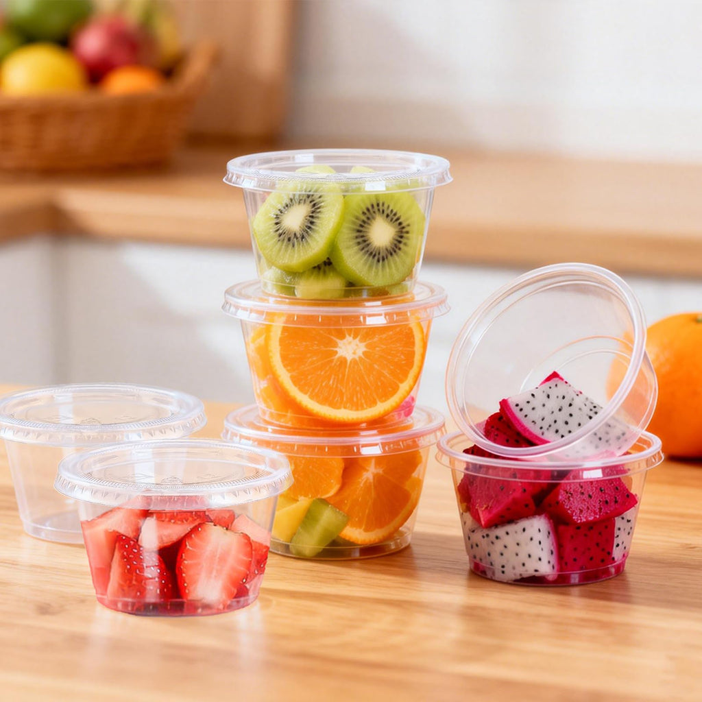 BYSNOW 360 Sets 5.5 oz Plastic Portion Cups with Lids, Small Clear Jello Shot Cup, Disposable Plastic Condiment Containers for Sauce, Salad Dressing, Snacks