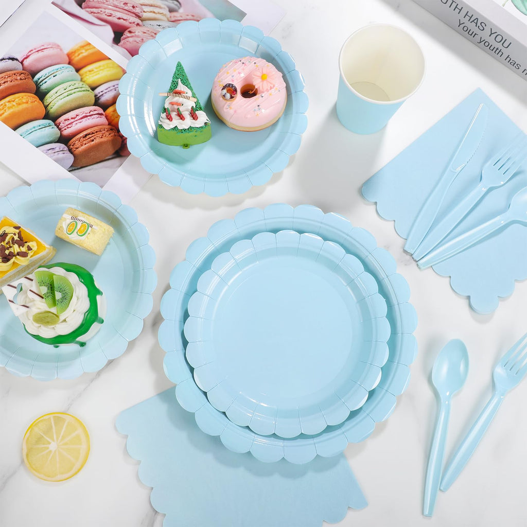 Xiangqu 350 Pcs Light Blue Paper Plates and Napkins, Boy Baby Shower Decorations Include Scalloped Plates Napkins Cups for Kindergarten Graduation, Bridal Shower, Summer Wedding, Birthday