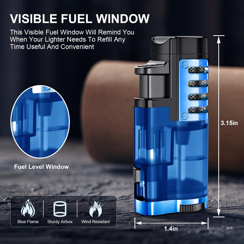 Torch Lighter Butane Refillable Triple Jet Flame Torch Lighters, Windproof Adjustable Flame Butane Torch Lighter with Punch 2 Pack (Without Fuel) (Blue)