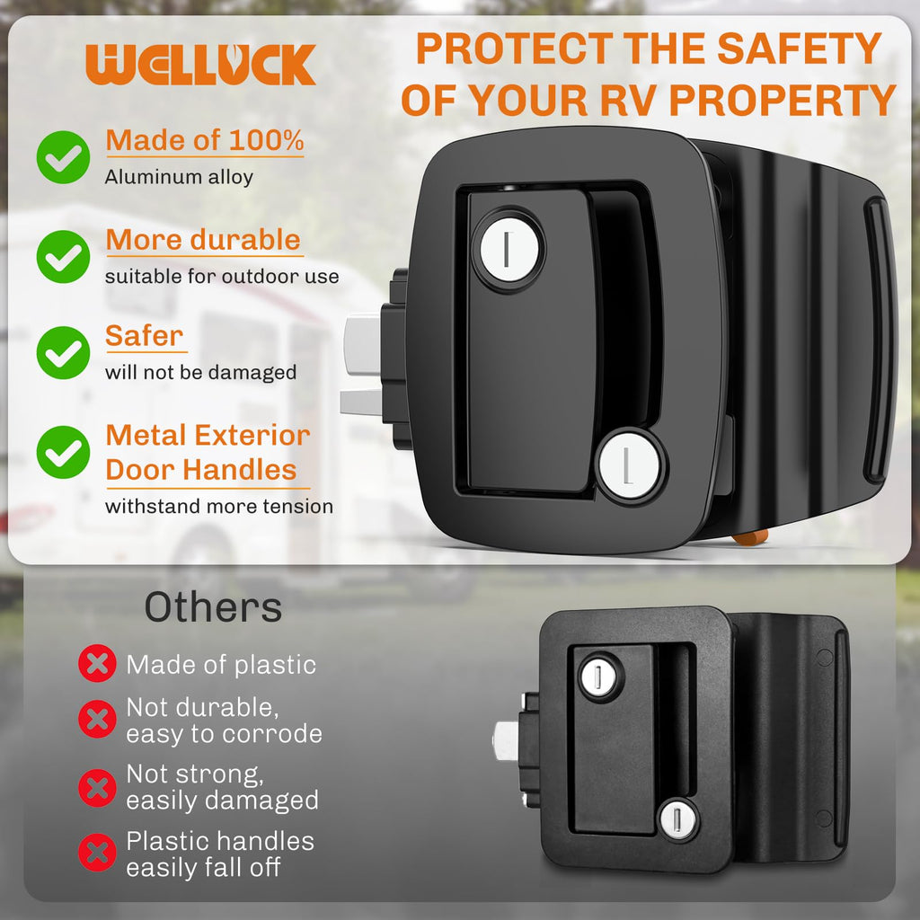 WELLUCK RV Door Lock Replacement with Paddle Deadbolt, 100% Metal Camper Door Latch Handle Lock, RV Entry Door Lock for Camper Horse Travel Trailer Cargo Hauler