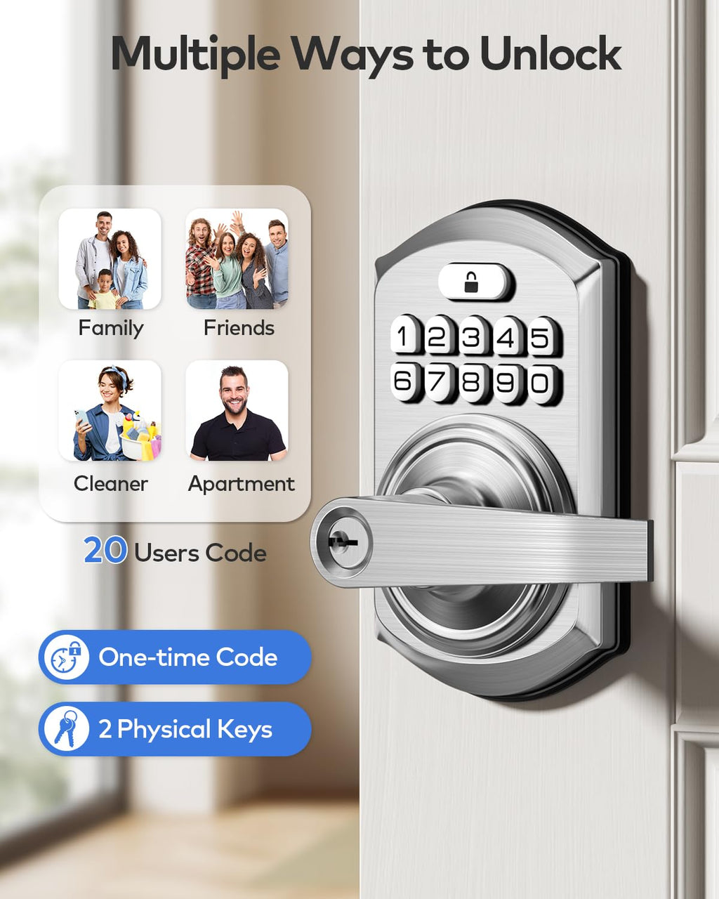 TEEHO TE004 Keyless Entry Keypad Door Lock with Handle - Smart Digital Electronic Lock for Interior Door with Anti-Peeping, Auto Lock & Passage Mode - Easy Installation - Satin Nickel