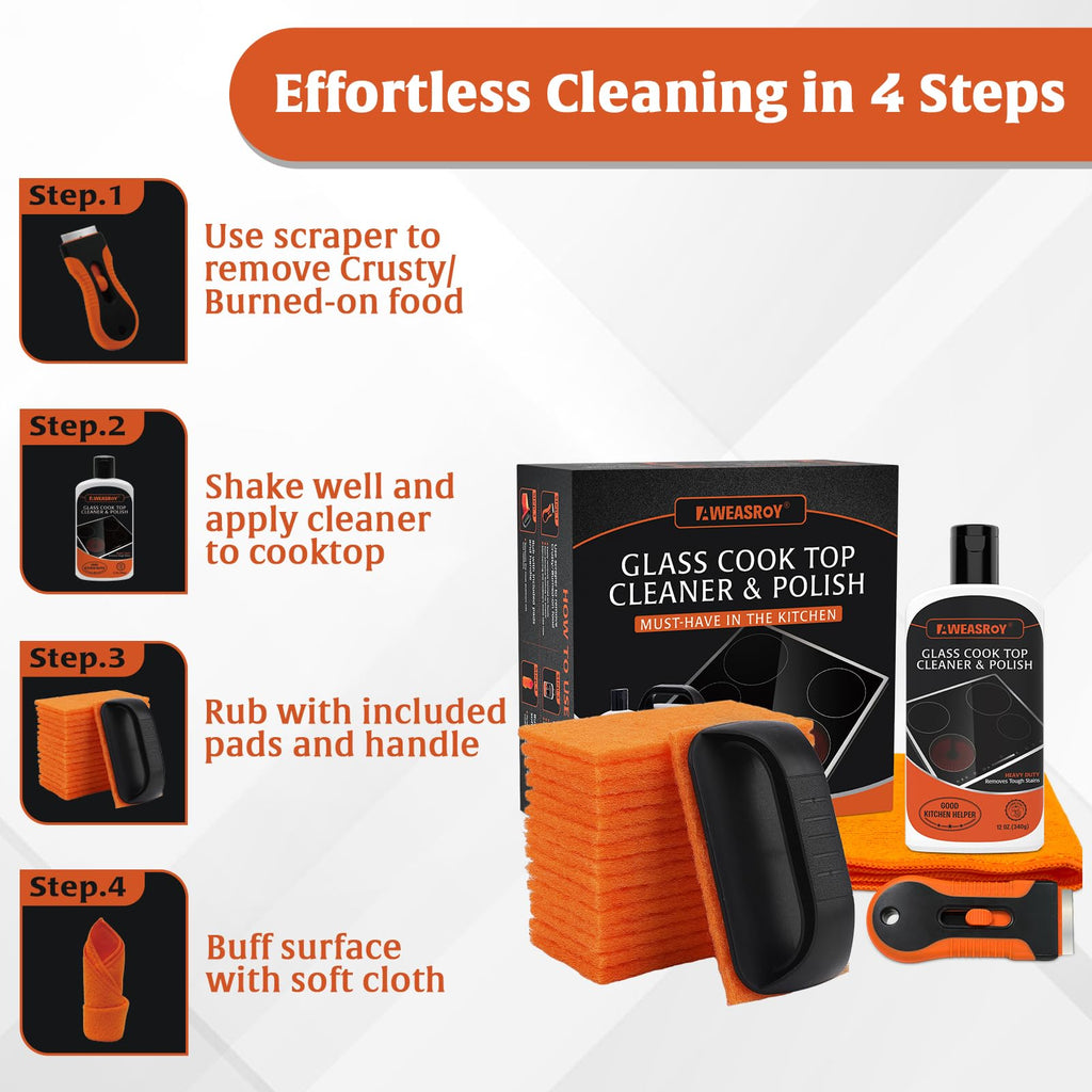 AWEASROY 20pcs Glass Stove Top Cleaner Kit - 12 oz Cooktop Cleaner Polish, Non-Abrasive No Scratch, Removes Tough Stains, Includes Scrubbing Pad, Scraper & Microfiber Cloth for Smooth Glass Surfaces