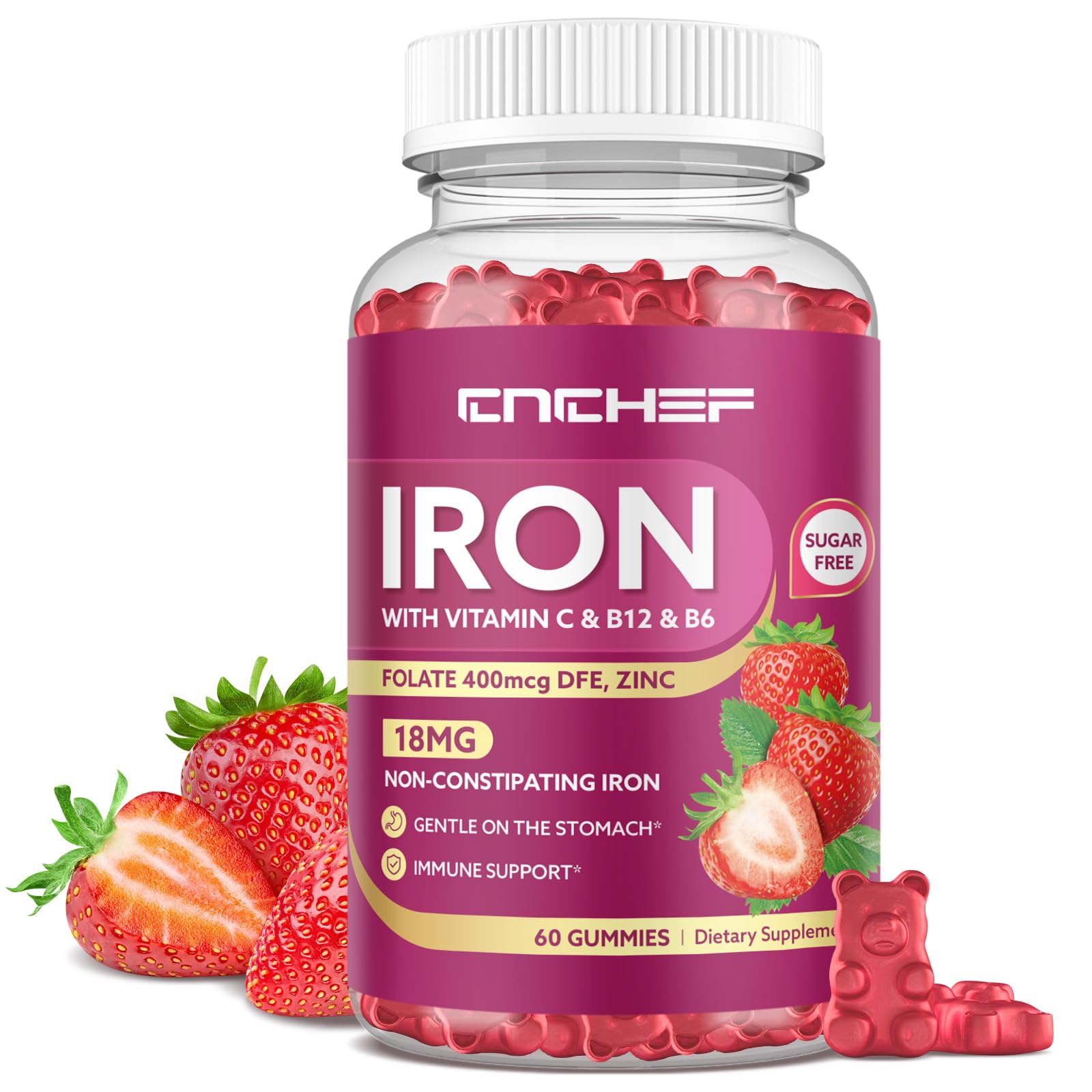 Iron Supplement for Women & Men Gummies, Multivitamin Blood Builder Iron Supplement with Folate Vitamin C B12 B6 Zinc for Adults & Kids - Energy Support - Strawberry Flavor, Vegan 60 Gummies