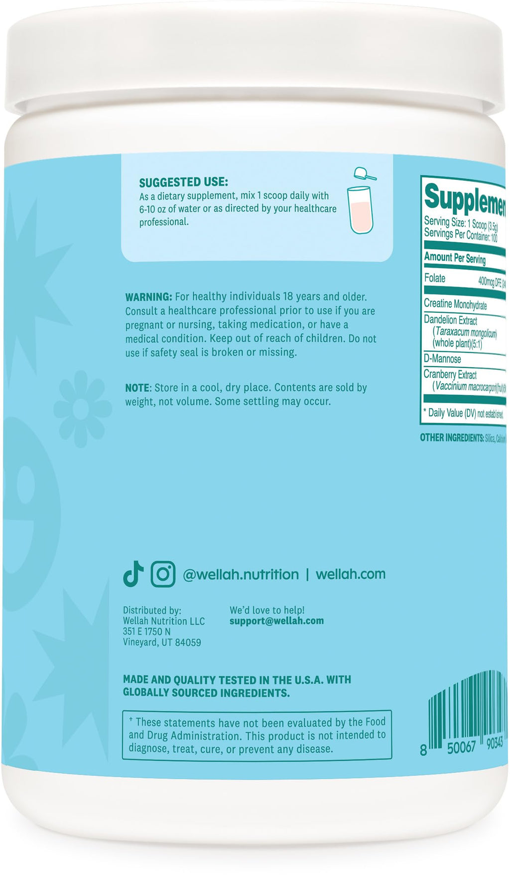 Wellah Creatine for Women - Creatine Monohydrate with Dandelion & Cranberry Extract (100 Servings, Unflavored)