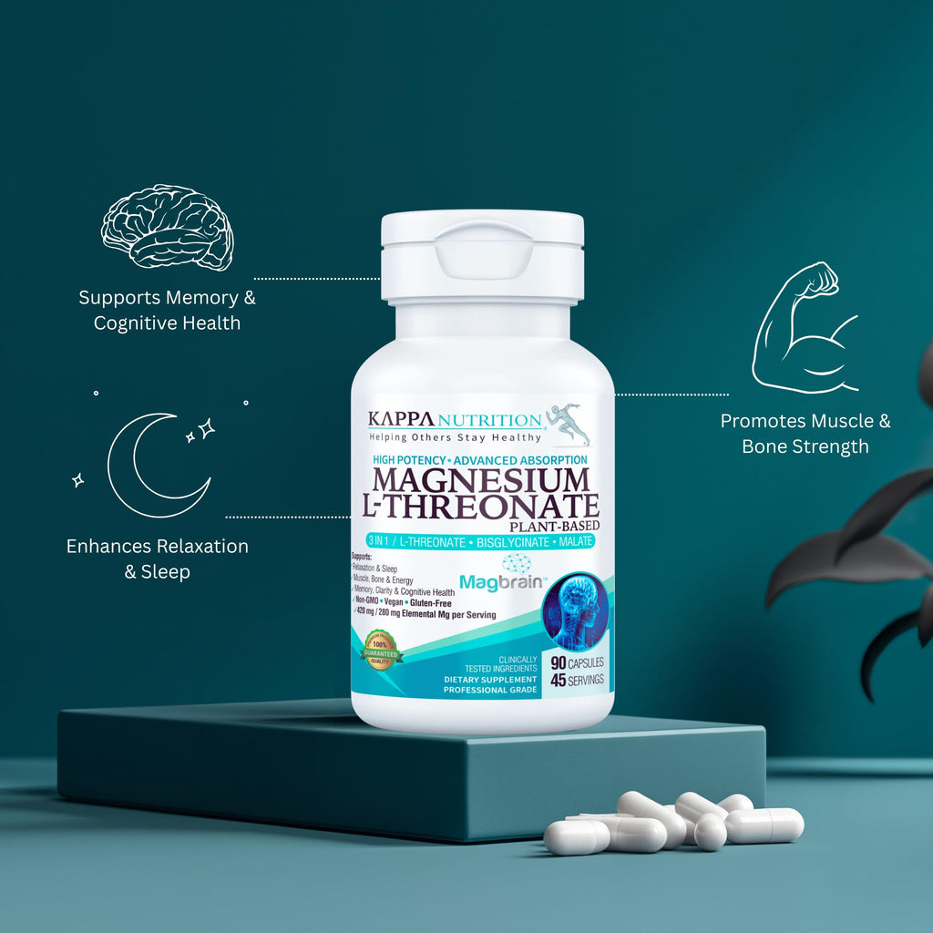 Kappa Nutrition Powered by Magbrain™ Magnesium L-Threonate Plant-Based, 90 Vegan Capsules, 420mg Elemental Magnesium (3 Capsules) from 2,253mg, Brain, Sleep & Muscle Support.