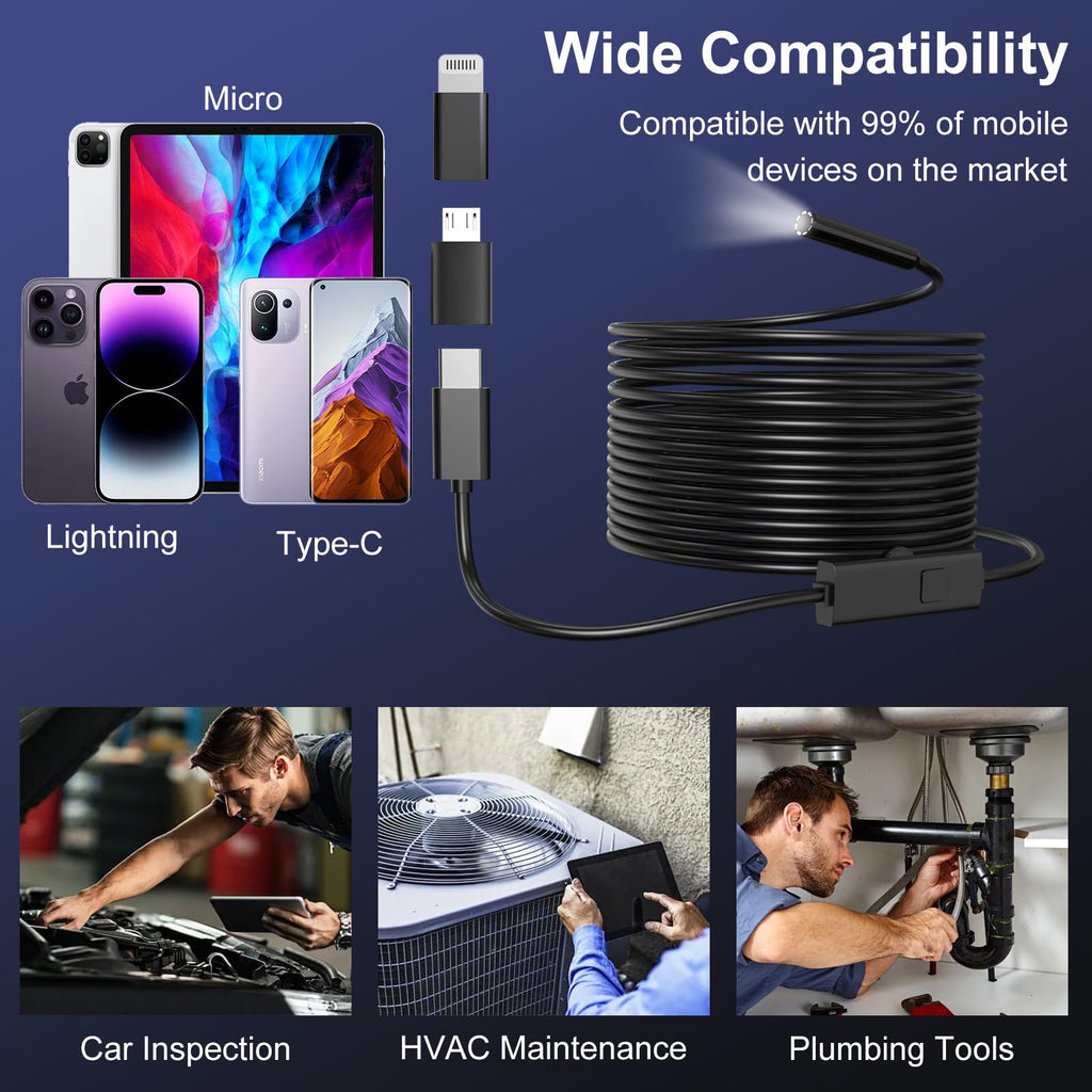 CTEOUNPT Endoscope Camera with Light, 1920P HD Borescope Inspection Camera with 8 Adjustable LEDs, IP67 Waterproof Semi-Rigid Snake Cable for Android, iPhone, and iPad(32.8ft, Single Lens)