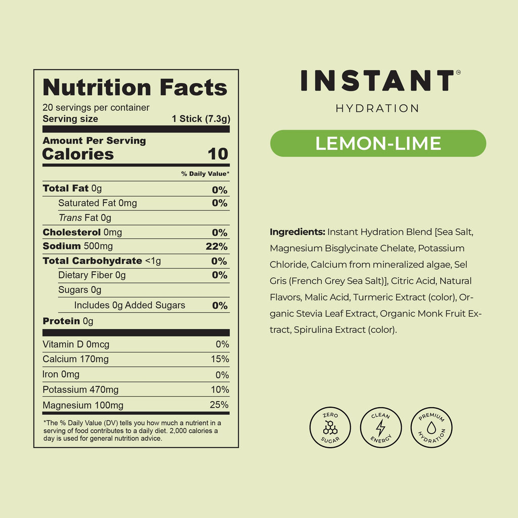 Instant Hydration Sugar Free Electrolytes Powder Packets - Lemon Lime Electrolyte Drink Mix & Travel Essentials - Post Workout Recovery, Brain Health, Muscle & Tissue Support - 20 Count