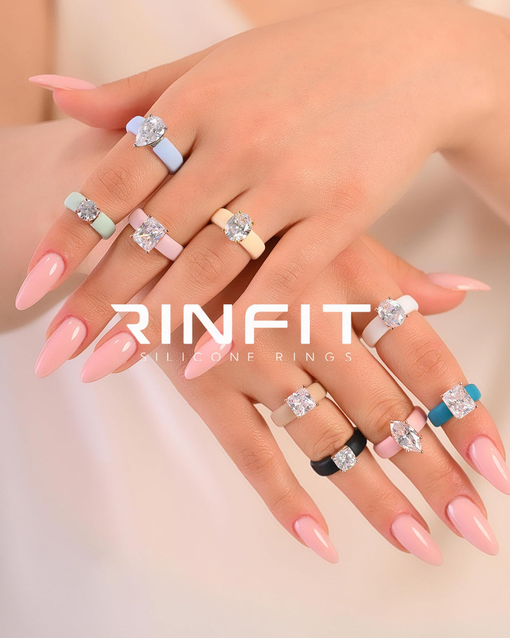 Rinfit Silicone Ring with Stone, Emerald Cut CZ - Blck/Sil, Size 7