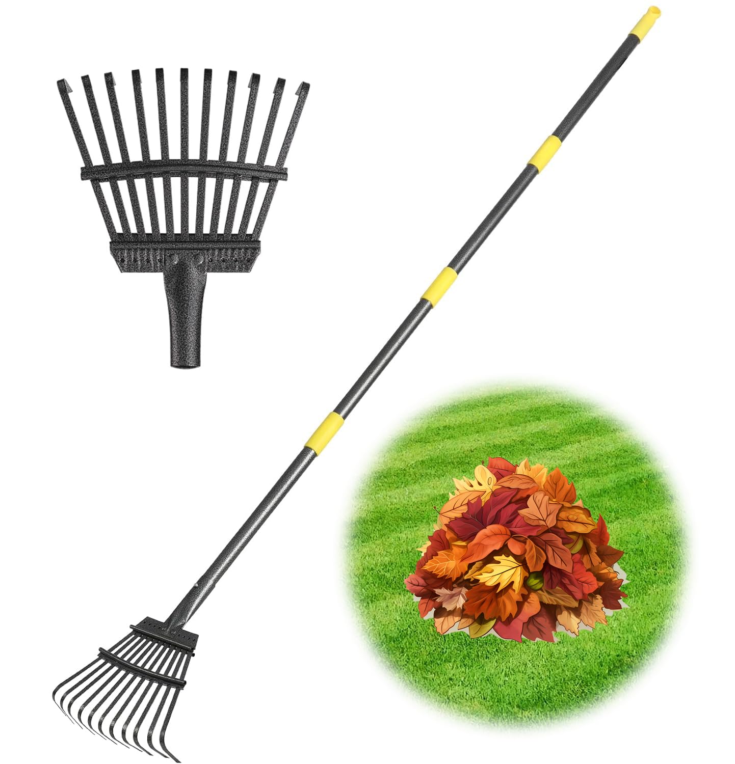 Rake for Leaves, Small Leaf Rake for Garden, 70-inch Adjustable Metal Rakes-Tool with 11 Steel Tines for Gardening, Yard, Shrub, Flower Beds, Lawns