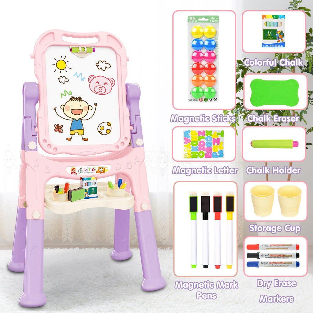 Amagoing Easel for Kids, Adjustable Standing Art Easel for Toddler, Double Side White Chalk Board with Painting Accessories, Birthday Christmas Gift for Little Girls and Boy Age 3 4 5, Pink