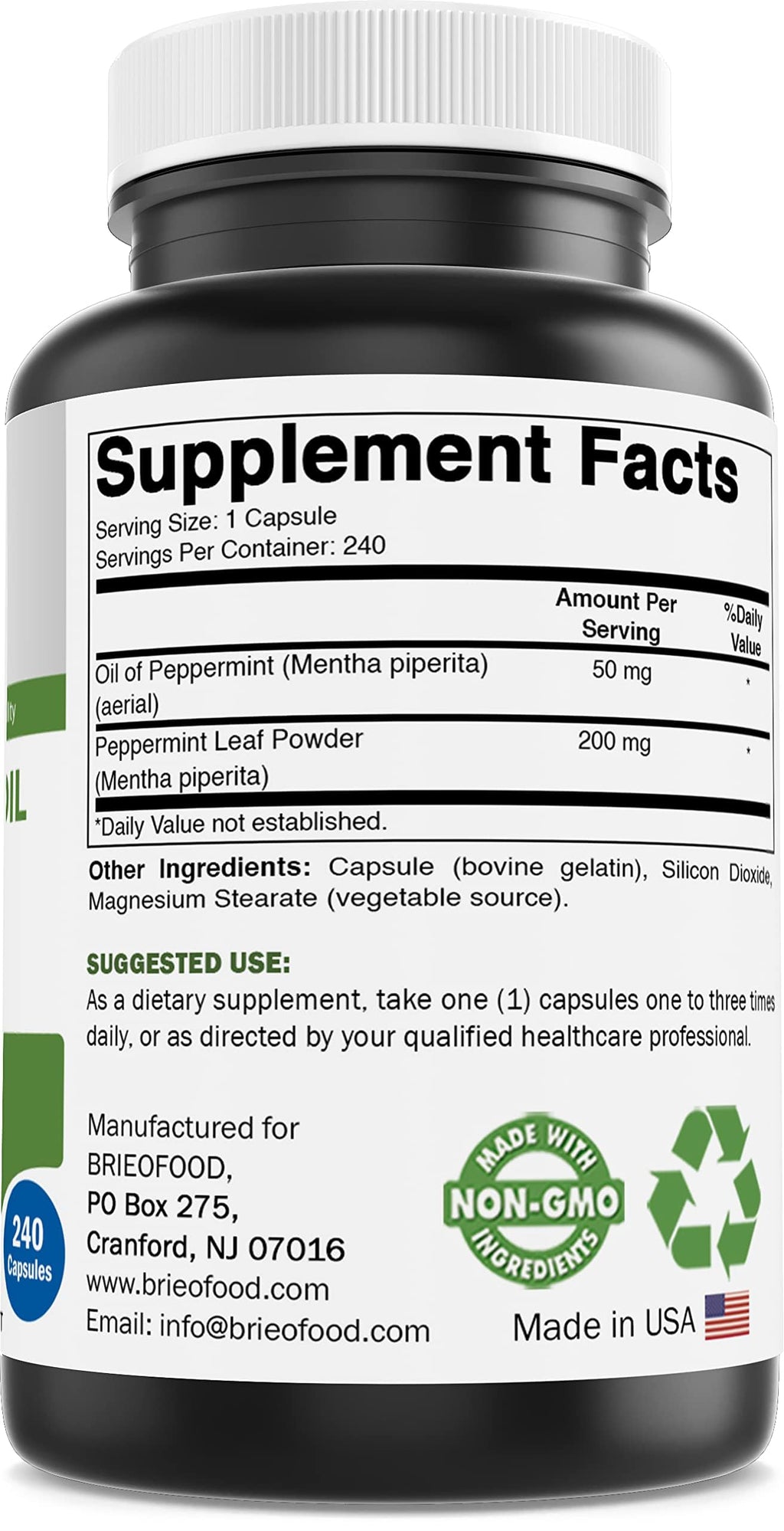 Brieofood Peppermint Oil Complex - 250 mg - 240 Capsules - Supports a Healthy Gut, Bowel Soothing - Gluten Free & Non-GMO