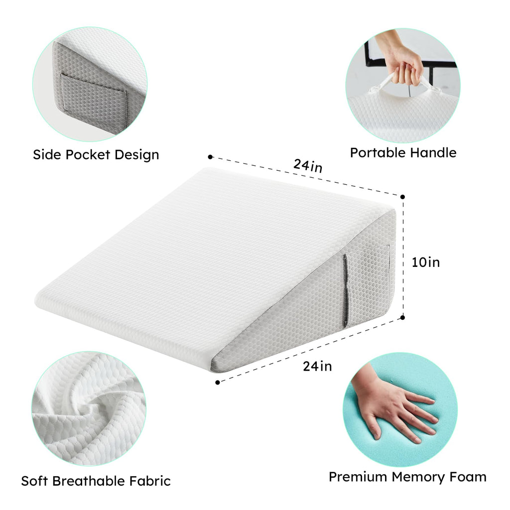Bedluxe Wedge Pillow, 10 inch Bed Wedge Pillow for Headboard, Pillow Wedge for Acid Reflux Relief, Sleeping, Back Pain Relief, Snoring, Triangle Pillow Wedge, White/Grey