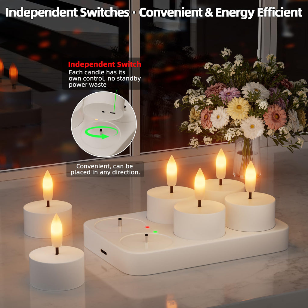 Rechargeable Flameless Tea Lights Candles with Charging Station Remote 6Pcs