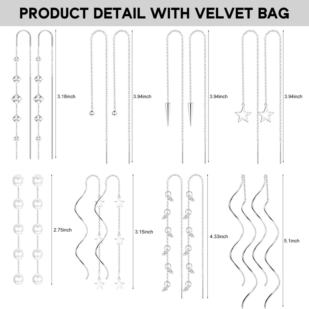 HAIAISO 8 Pairs Threader Dangle Earrings for Women 316L Stainless Steel Chain Tassel Earrings Lightweight Double Twist Wave Threader Drop Earrings Long Chain Earrings Set
