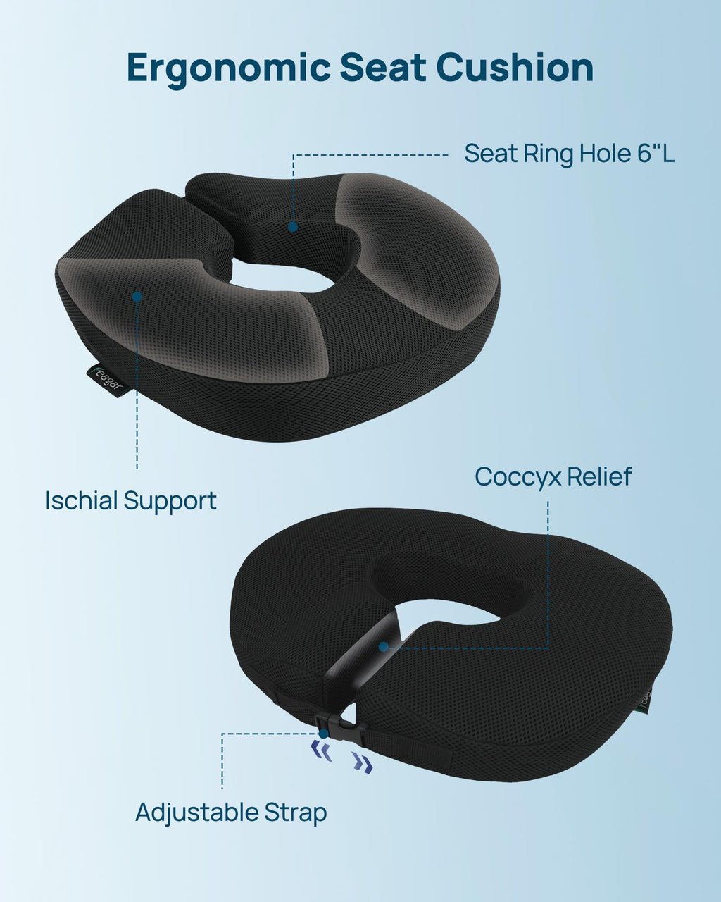 Feagar Donut Pillow for Tailbone Pain Relief - Hemorrhoid Pillow with Memory Foam for Coccyx, Sciatica, Pressure Sores, Office Chair Cushion for Pregnancy, Postpartum & Surgery Recovery(Black)