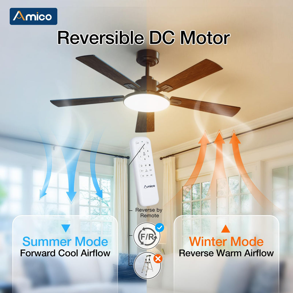 Amico 52 Inch Smart Ceiling Fans with Lights, Downrod Mount, WiFi, Black