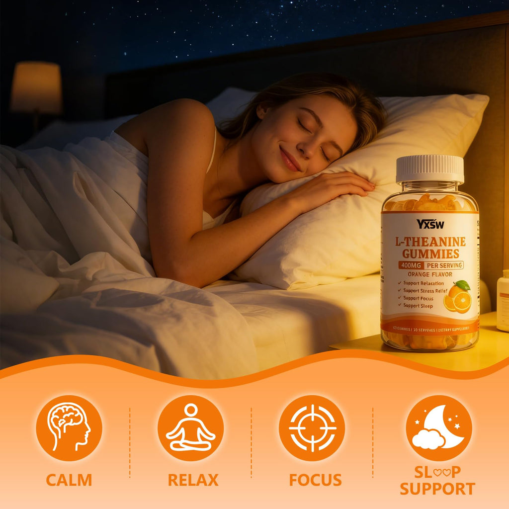 YXSW L-Theanine Gummies, Chewable L-Theanine Supplement for Adults & Kids 400mg with Ashwagandha, GABA, 5HTP for Relax, Zzz & Focus Support, Orange Flavor, 60 Counts
