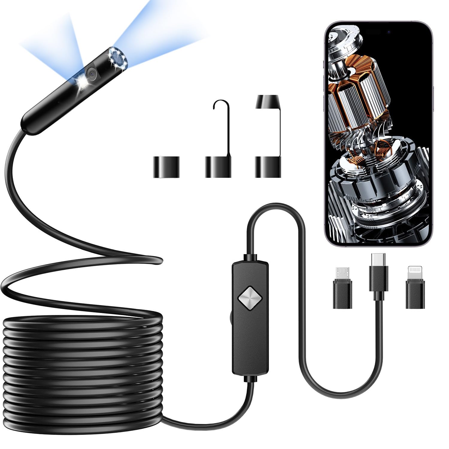 Endoscope with Light, 1920P HD Borescope with 8 Adjustable LED Lights, Semi-Rigid Snake Camera, IP67 Waterproof Inspection Tool (9.8ft, Black + Dual Lens Wiring Harness)