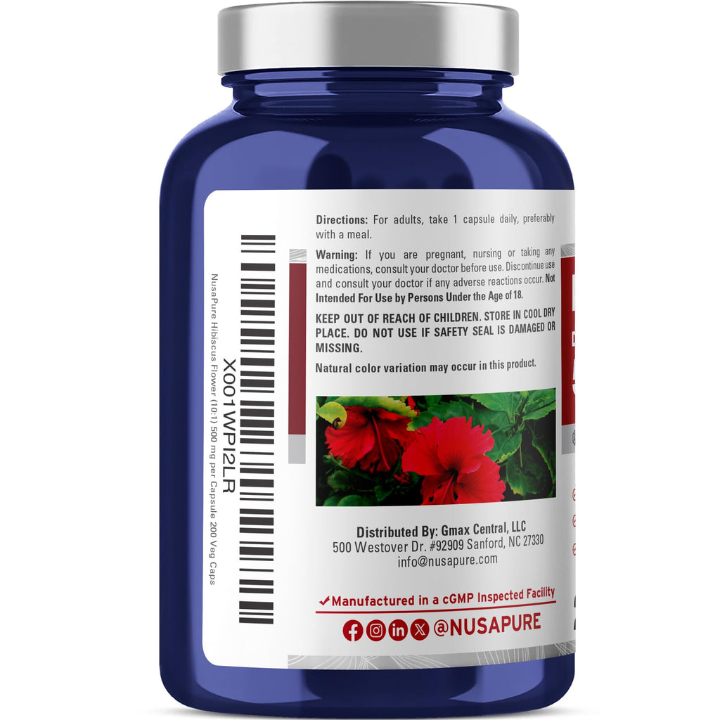 NusaPure Hibiscus Flower Capsules, 500 mg, 200 Veg Capsules (Non-GMO, Vegan)