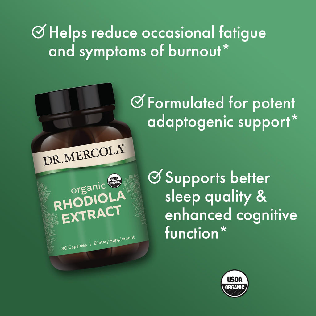 Dr. Mercola Organic Rhodiola Extract - Adaptogenic Support - USDA Organic - Nervous System & Energy Support - Golden Root Herb Supplement - 30 Capsules