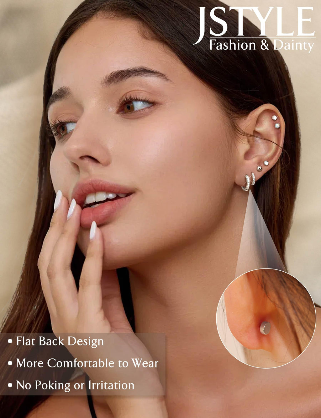 Jstyle Flat Back Earrings for Women Hypoallergenic Silver Earring Stacks