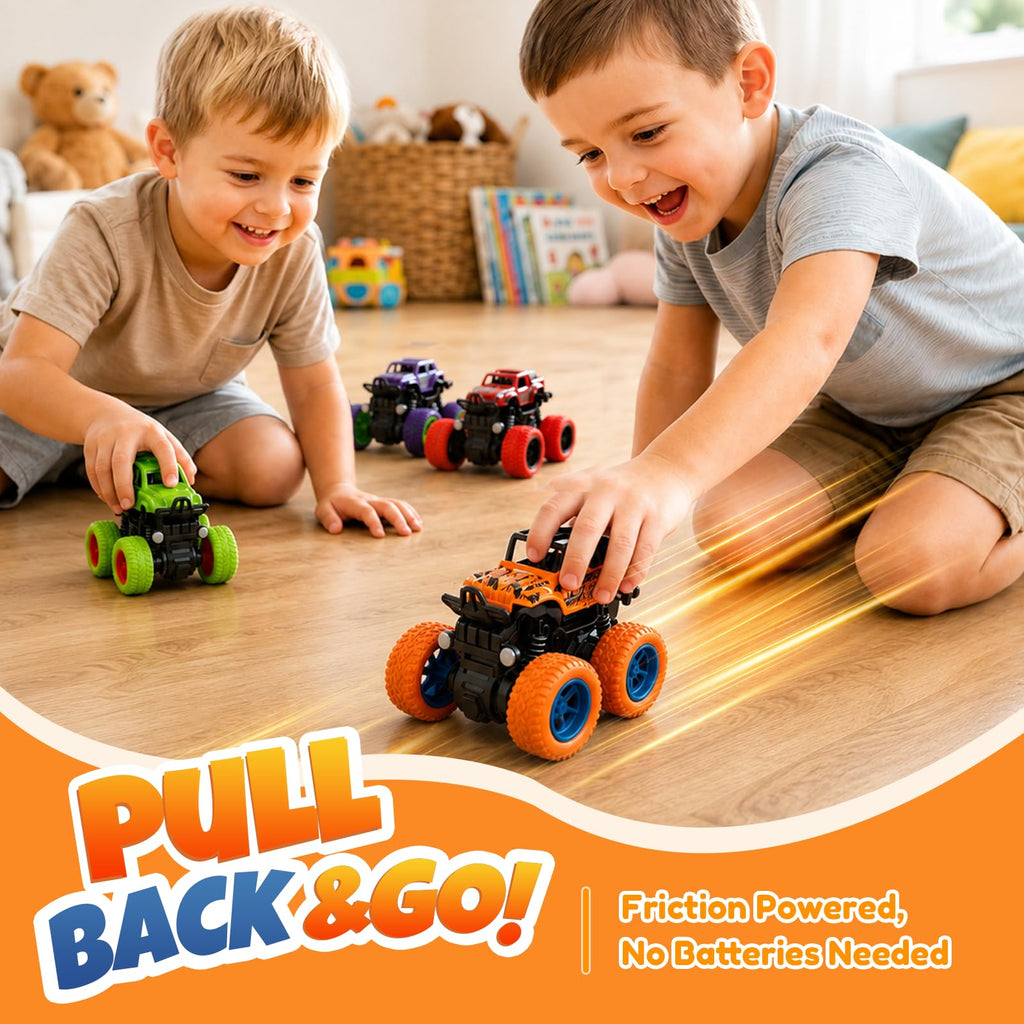 ANAOER 4 Pack Monster Trucks Toys for Boys 2 3 4 5 6 7 Year Old, Friction Powered Pull Back Car Toys for Toddlers Kids Ages 3-5 2-4 4-7, Best Birthday Christmas Party Gift for Boys and Toddlers