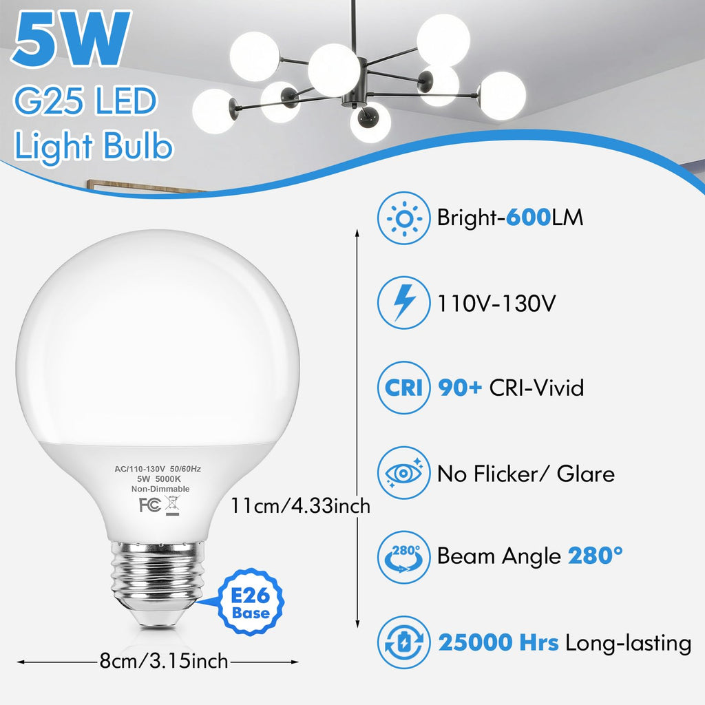 Brightever G25 Globe Light Bulbs 60 Watt, 5W 5000K Daylight White LED Vanity Light Bulbs, E26 Base Bathroom Light Bulbs Over Mirror, Non-Dimmable Round Light Bulb, 600LM, 8-Pack