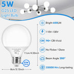 Brightever G25 Globe Light Bulbs 60 Watt, 5W 5000K Daylight White LED Vanity Light Bulbs, E26 Base Bathroom Light Bulbs Over Mirror, Non-Dimmable Round Light Bulb, 600LM, 8-Pack