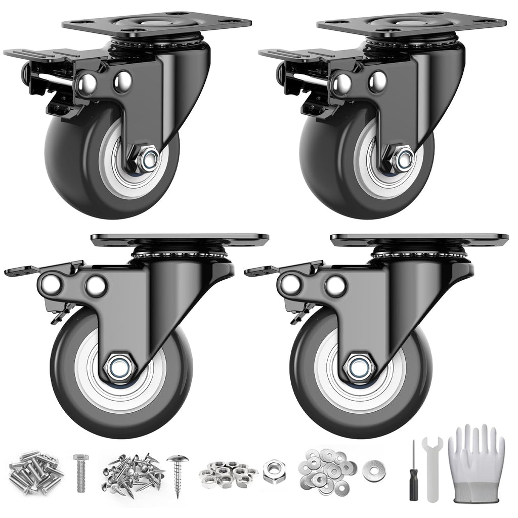 2 Inch Caster Wheels Set of 4, Heavy Duty Casters with Brake, No Noise Locking Swivel Casters with Polyurethane (PU) Wheels, Caster Wheel for Cart, Furniture and Workbench (Two Hardware Include)