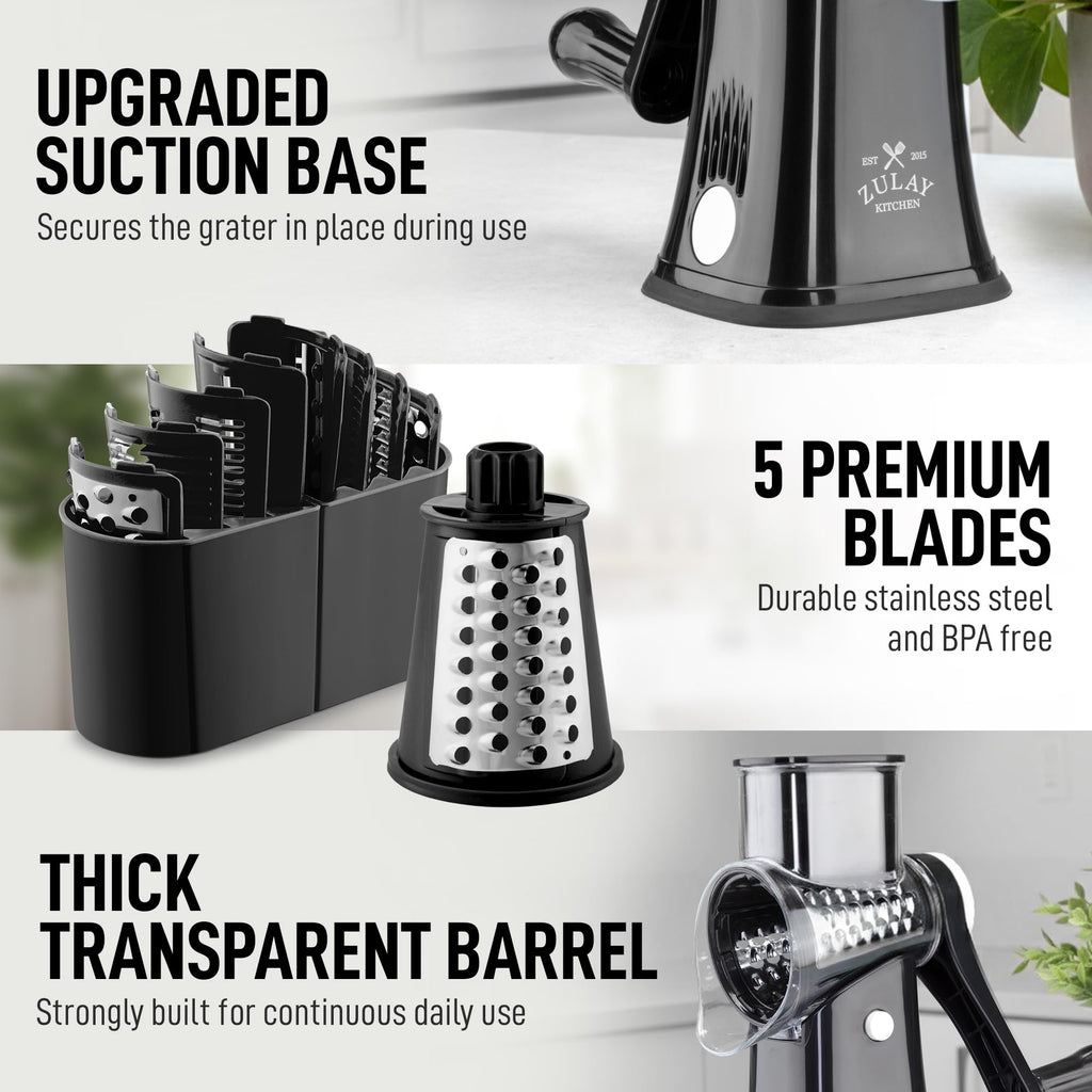 Zulay Kitchen Rotary Cheese Grater 5 Blade Cheese Shredder - Manual Hand Crank Cheese Grater With Reinforced Suction & 5 Interchangeable Drums - Easy to Use, Vegetable Chopper Round Mandoline Slicer