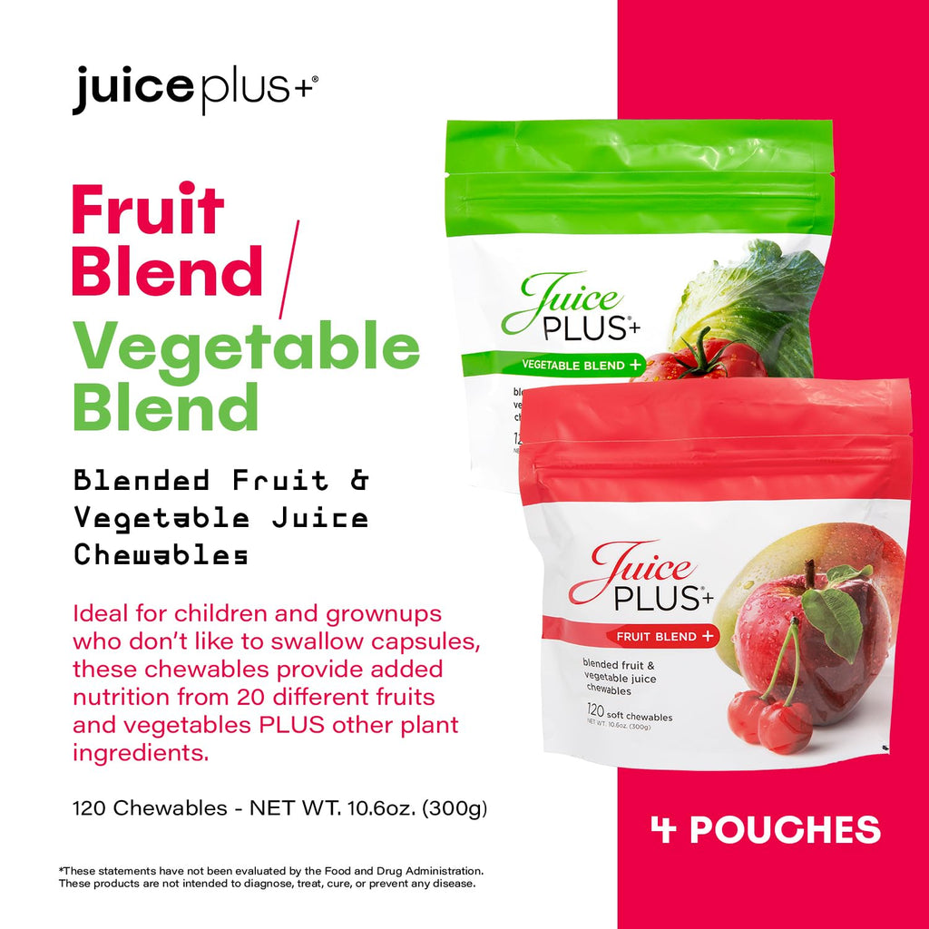 JuicePlus+ Fruit & Vegetable Blend Soft Chews - Tasty Vegan Fruit, Veggie Gummy Vitamins for Adults & Kids - 4 Month Supply 4 packs (2 of each flavor)