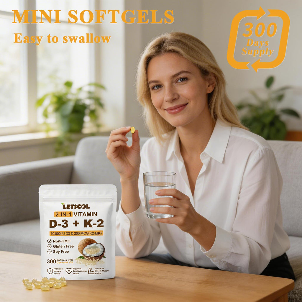 LETSCOL 2-in-1 Vitamin D3 K2 Supplement Softgel, Vitamin D3 10000 IU and Vitamin K2 200 mcg, K2 MK7 with D3 Vitamin Supplement Support Immune, Heart, Joint, Teeth & Bone Health