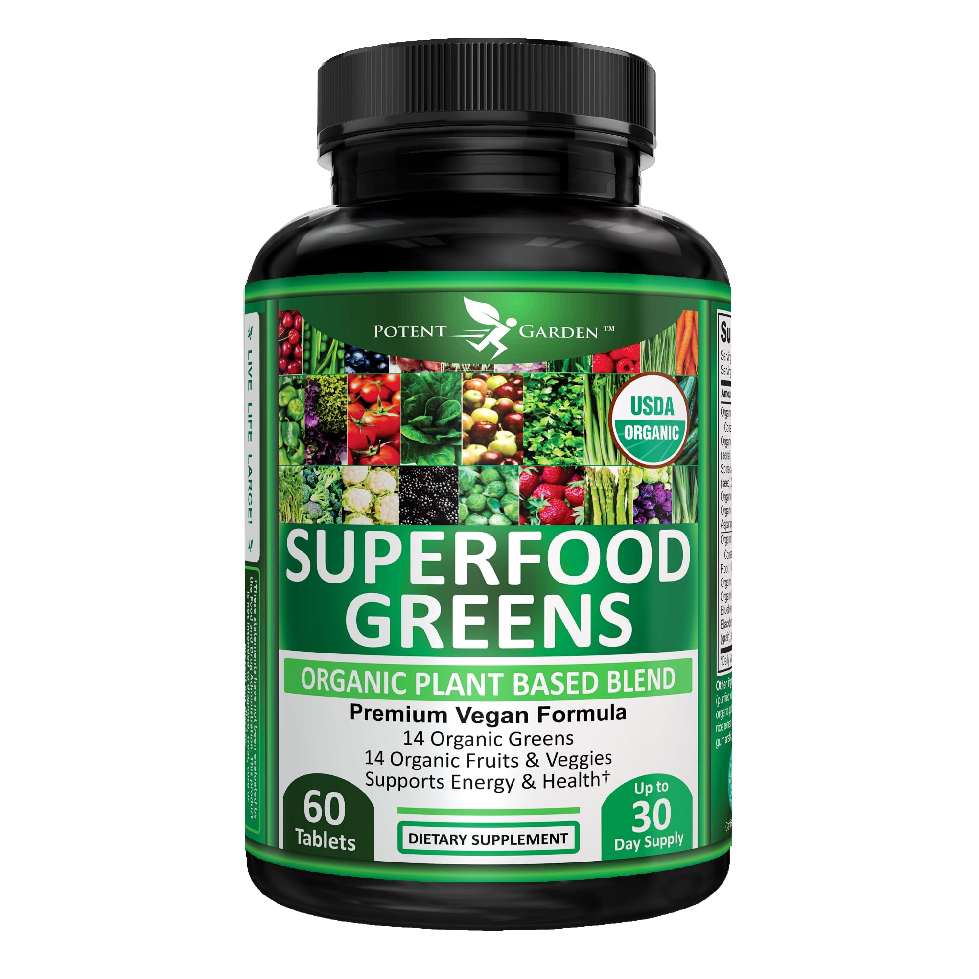 Potent Garden Super Greens Capsules, Fruits and Veggies Supplement, Organic Greens Tablets with Alfalfa Beet Root & Tart Cherry, Daily Nutrition Support, 60 Ct