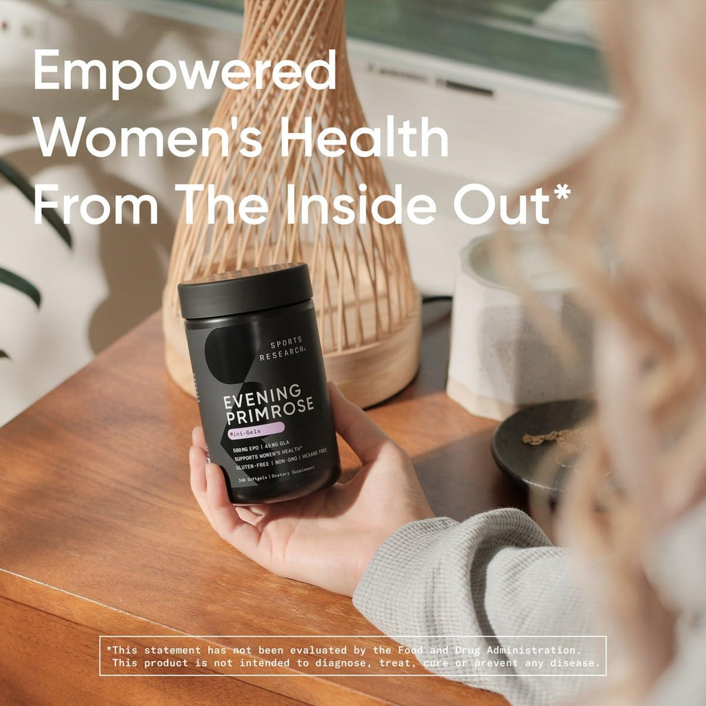 Sports Research Evening Primrose Supplement from Cold Pressed Oil - Softgels for Women’s Health & Skin Health - Gluten Free & Non-GMO GLA - Primrose Oil 500mg, 240 Count