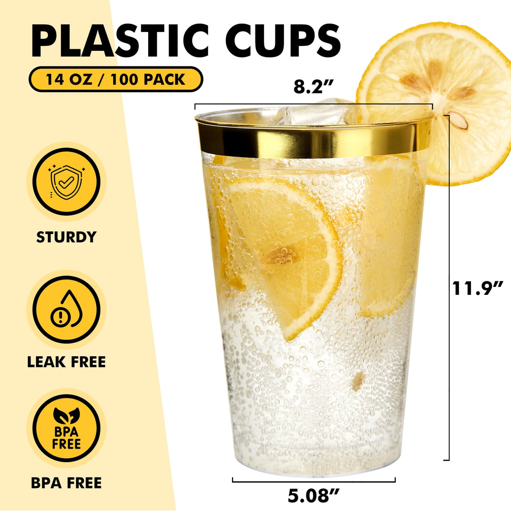 RACETOP 100 Pack 14oz Gold Rimmed Plastic Cups, Heavy Duty Disposable Glasses, Elegant Gold Rimmed Disposable Hard Cups for Party, Thanksgiving, Wine Taesting, Birthday and Christmas.